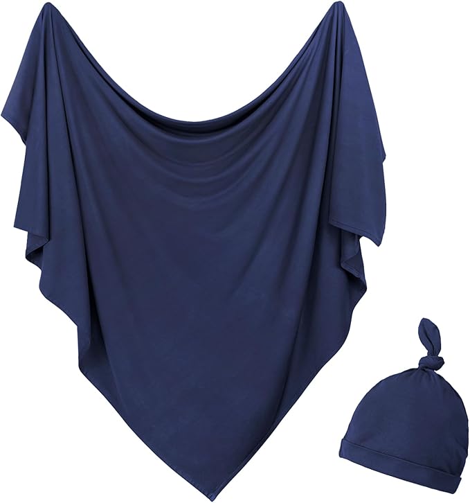 Newborn Swaddle Blanket with Hat Set Baby Swaddle Set Hospital Receiving Blankets for Girls Boys(Navy,35"*35")