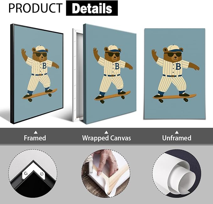 Skateboard Canvas Wall Art, Nursery Animal Sports Posters, Fashion Sunglasses Bear Athletes Pictures, No.1 Kiddo Inspirational Quote Print, Funny Skateboard Rabbit Dog Painting 16x24in Framed