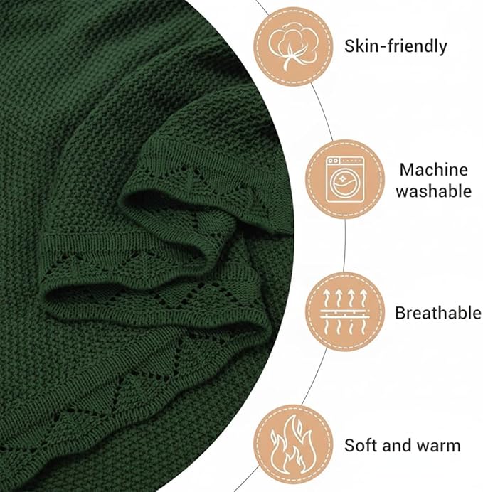 Baby Knit Blanket Soft Breathable Cotton Scallop Border Blankets Newborn Knitted Blanket Swaddle Blankets Gifts for Baby Newborn Toddler Shower Boy Girl New Mom Birthday Christmas Green 28x36