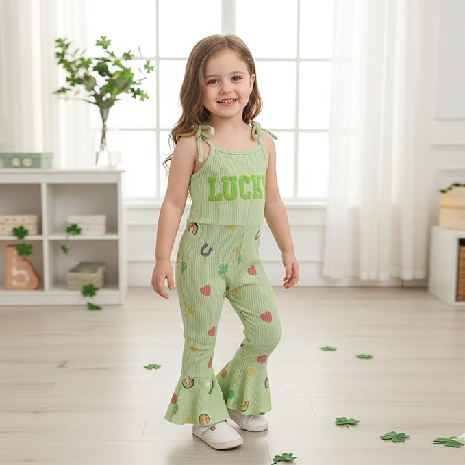 Toddler Baby Girl Valentines Day Outfit Love Sleeveless Tie-up Suspender Romper Bell Bottom Pants Spring Jumpsuit