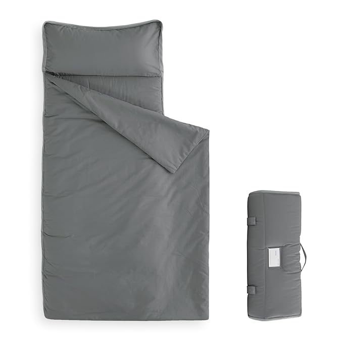 Wake In Cloud - Toddler Nap Mat with Pillow and Blanket, for Kids Boys Girls in Kindergarten Daycare Preschool Pre K, Roll Up Sleeping Bag, Solid Color, Grey, Standard