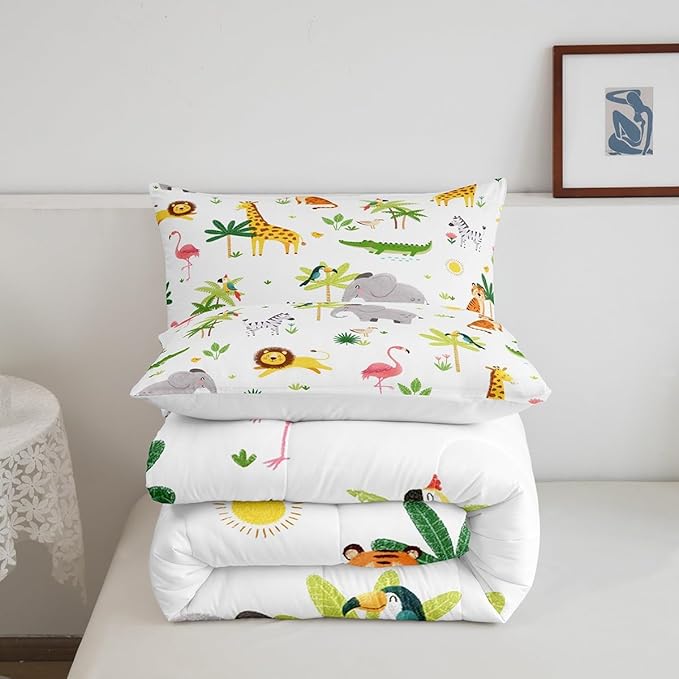 Feelyou Kids Safari Animal Bedding Set Queen, Nursery Baby Boy Cartoon Lion Jungle Comforter Set Woodland Forest Wildlife Comforter for Kids Boys Girls Kawaii Flamingo Duvet Set 3Pcs