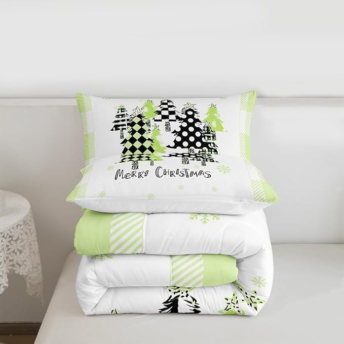 Manfei Xmas Trees Comforter Set Twin Size, Green Plaid Grid Snowflake Bedding Set 2pcs for Kids Girls Adults Bedroom Decor, Christmas Theme Down Comforter New Year Quilt Set with 1 Pillowcase