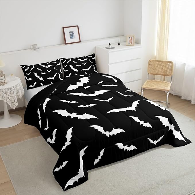Erosebridal Bat Comforter Set Queen Size for Kids Bedroom with 2 Pillow Cases Happy Halloween Bedding Set Gothic Spooky Duvet Insert Cartoon Style Quilt, Black White