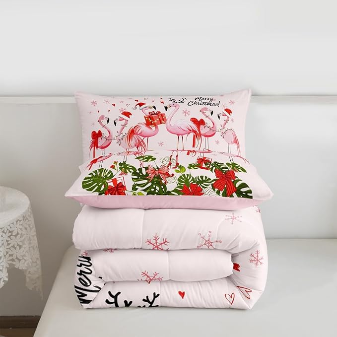 Merry Christmas Comforter Set King Size,Pink Flamingo Cartoon Bird Animal Bedding Set All Season Quilt Set,Winter Snowflake Green Leaves Microfiber Polyester Down Comforter