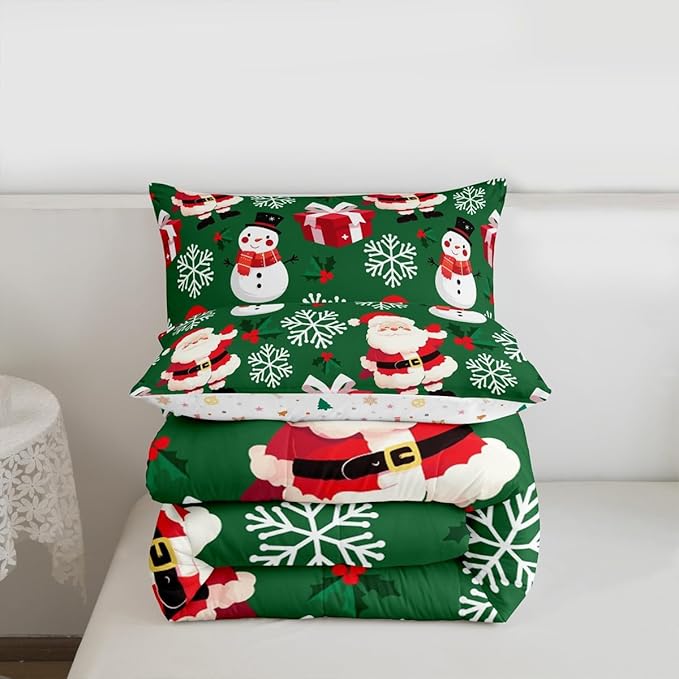 jejeloiu Merry Christmas Comforter Set Toddler Size Xmas Santa Claus Bedding Set for Kids Boys Girls Cute Snowman Duvet Quilt Green Bedroom Decor