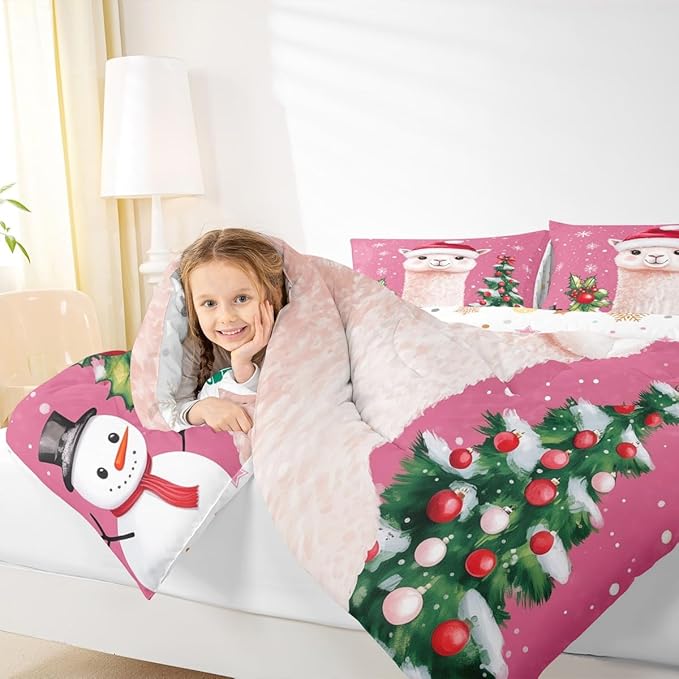 Feelyou Merry Christmas Bedding Set Soft for Boys Girls, Cute Llama Comforter Set Toddler Size Snowflake Duvet Quilt Microfiber Christmas Tree Bedroom Decor 2 Pcs with 1 Pillow Cases