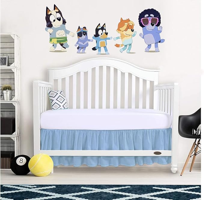 Crib Bed Skirt 28” x 52” with 14” Drop – Split Corners Dust Ruffle, Microfiber - Breathable, Durable, Elastic Adjustable Fit, Soft Nursery Bedding for Baby Boys & Girls, Light Blue Solid