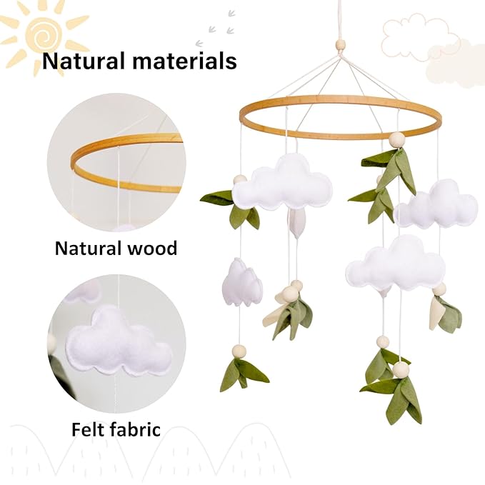 Green Leaf Baby Crib Mobile, WoodlandMobile for Crib for Baby Boys & Girls, Green Nursery Decor, with Felt Leaves, White Clouds