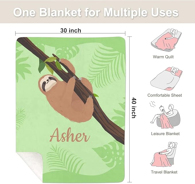 Sloth Green Personalized Receiving Sherpa Fleece Baby Blankets for Girls Boys Kids, Swaddle Blankets Gift for Newborn Crib Infants 30x40 Inches