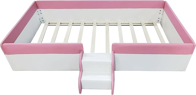 Twin Size Upholstered Daybed Frame with Fence and Stairs, Montessori Kids Floor Bed with Sturdy Slat Support for Kids Boys Girls