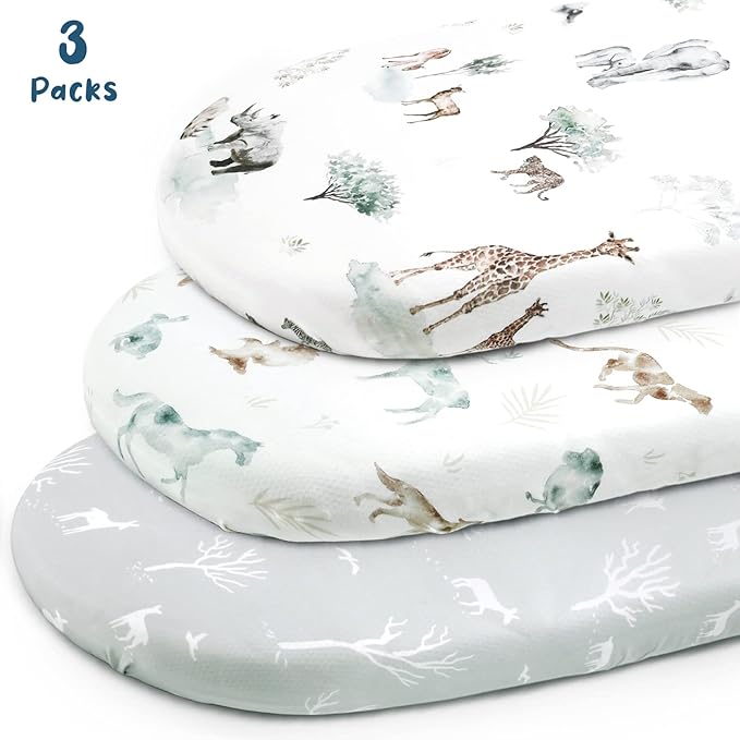 Ultra Soft Fitted Bassinet Sheets 3 Pack, Universal Fitted for.Baby Cradle Moses Basket Oval Rectangle Mattress Safe and Snug, Stylish Bassinet Mattress Sheets for Baby, Cute Animals Print