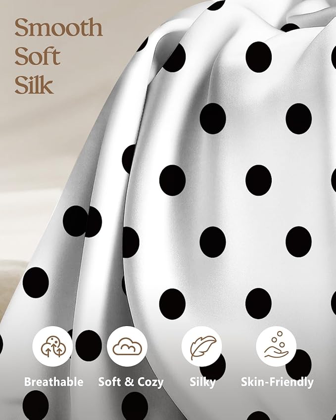 Silk Pillowcase 2 Pack - Cute Pillow Cases 20" x 26" Standard Size Set of 2 for Hair and Skin Smooth Soft Breathable with Hidden Zipper Cooling Pillow Covers for Sleeping, White Black dot
