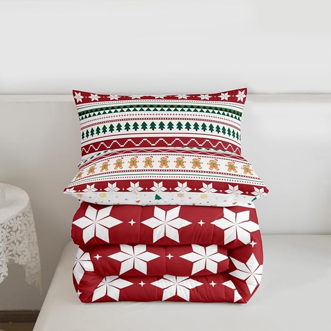 Feelyou Merry Christmas Bedding Set Soft for Boys Girls, Gingerbread Man Comforter Set King Size Duvet Quilt Microfiber Striped Bedroom Decor 3 Pcs with 2 Pillow Cases