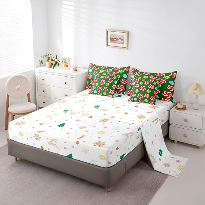Feelyou Christmas Candy Comforter Set King Size 7 Pieces Cute Swirl Candy Bedding Set for Kids Boys Girls Red and Green Blue Sweet Bed in a Bag Reversible Xmas Decor Bedroom Quilted Breathable Soft
