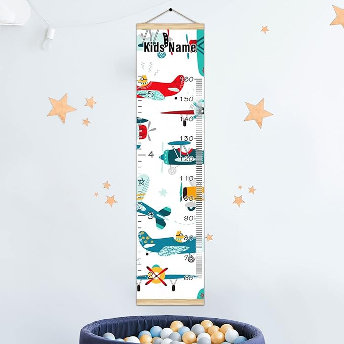 Personalized Kids Name Growth Chart Ruler for Wall Wood Frame Height Measure Chart 13.4x56 in Linen Hanging Height Growth Chart Colorful Plane Helicopter Kids Room Decor