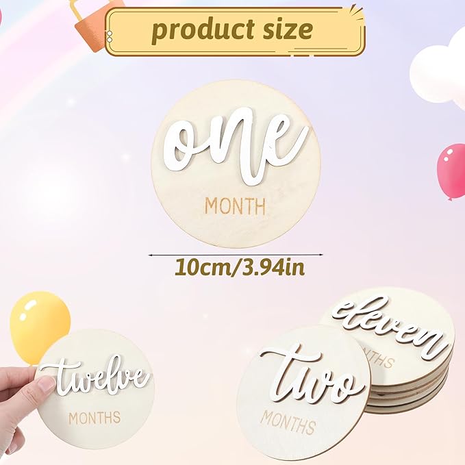 6 Pcs Baby Monthly Milestone Signs, Double Sided Wooden 3D Milestone Markers Disc from 1-12 Months 4 Inch Newborn Age Announcement Sign for Photo Props (White)