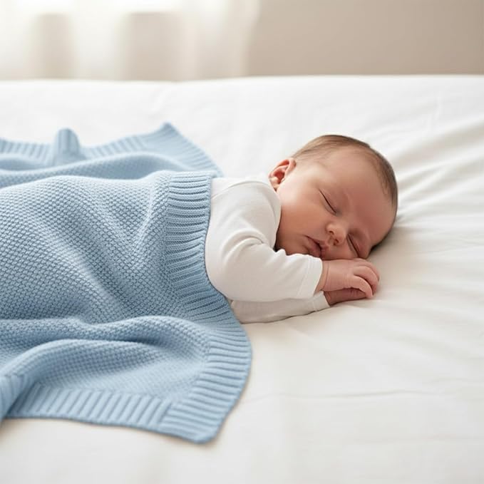 Baby Knit Blanket Soft Cotton Lightweight Newborn Blanket for Crib Stroller Toddler Nursery Shower Gift Cozy Breathable Travel Swaddle Wrap Baby Blue 30 x 40 Inches