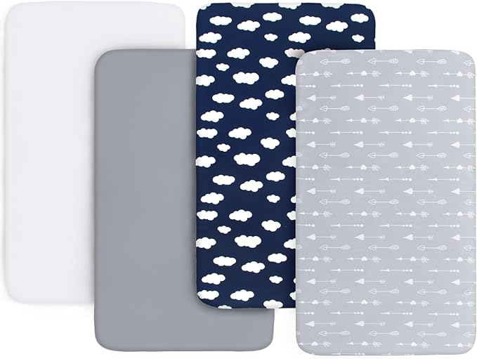 4-Pack Fitted Mini Crib Sheets for Boys and Girls - Breathable, Soft Microfiber Baby Sheets in Grey, Navy and White