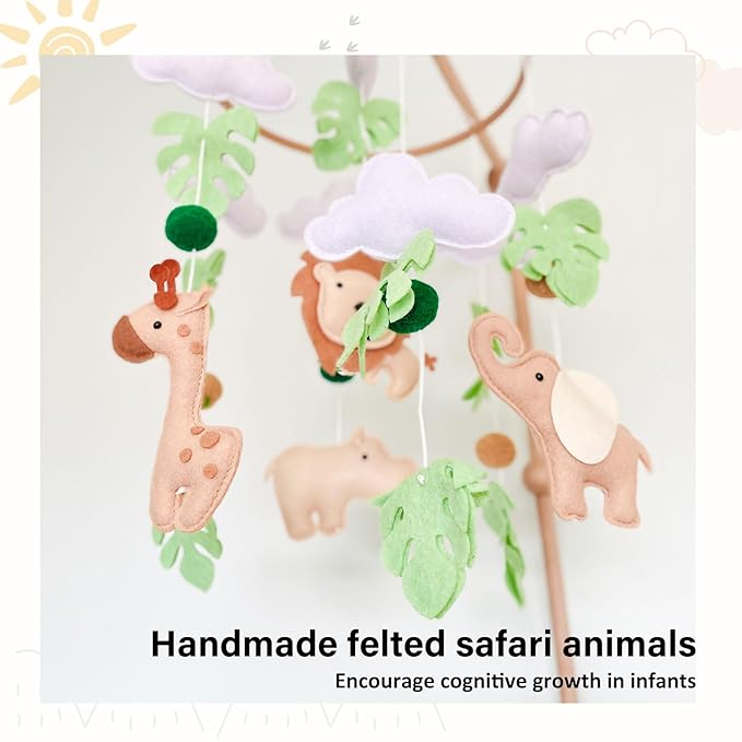 Safari Baby Mobile, Jungle Mobile for Crib, Crib Mobile for Boys and Girls, Nursery Mobile for Bassinet, Pack and Play,Lion Elephant Giraffe Hippopotamus Mobile