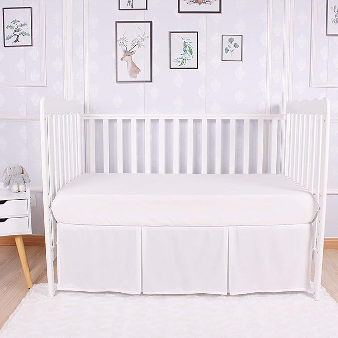 Box Pleated Crib Bed Skirt Premium 100% Cotton 800 Thread Count Nursery Crib Toddler Bedding Crib Bedskirt for Baby Boys or Baby Girls, (28" x 52") + 14" Drop Lenght - White Solid
