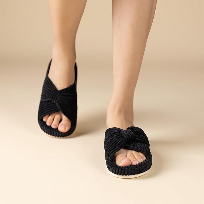 Chantomoo Slippers for Women Memory Foam House Bedroom Corduroy Bow Crossbands Slipper Shoes Comfy Trendy Gift Slippers