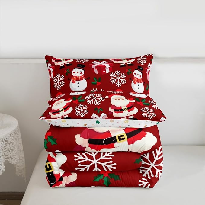 jejeloiu Merry Christmas Comforter Set Queen Size Xmas Santa Claus Bedding Set for Kids Boys Girls Cute Snowman Duvet Quilt Red Bedroom Decor