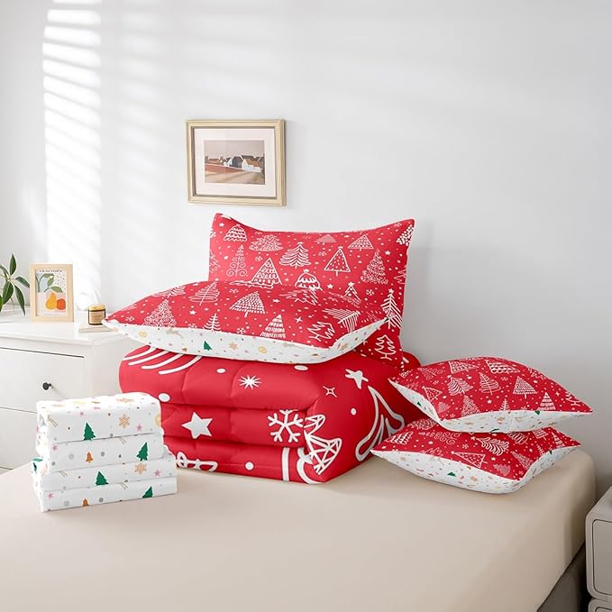 Merry Christmas Bed Set Xmas Tree Cute Comforter Set with Sheets Red Chic Bed in a Bag Kawaii Stars Cartoon Bedding Set Bedroom Collection Full Size