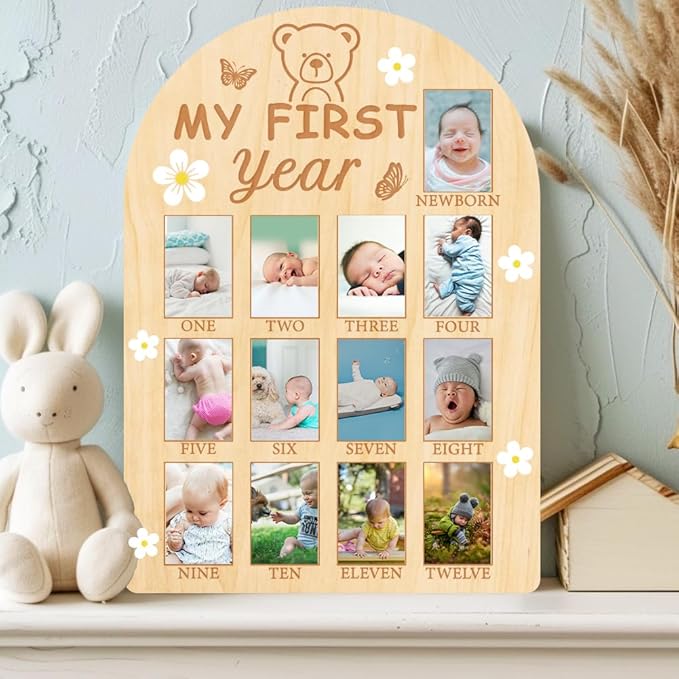 ORIGACH My First Year Baby Growth Photo Display Wood Board - 12 Months Newborn Milestones Photo Board - Neutral Baby Keepsake Frame 1st Birthday Party Nursery Decor New Mom Gift - Bear