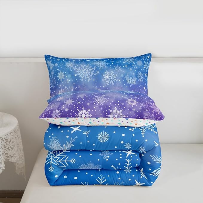 Feelyou Christmas Bedding Set Soft for Boys Girls, Winter Snowflake Comforter Set Toddler Size Purple Blue Gradient Duvet Quilt Microfiber Bedroom Decor 2 Pcs with 1 Pillow Cases