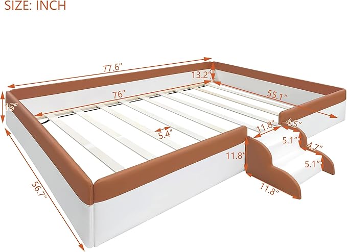 Merax Upholstered Kids' Daybed, Daybed Frame with Fence and Stairs, No Box Spring Needed, Full Size, Brown+White