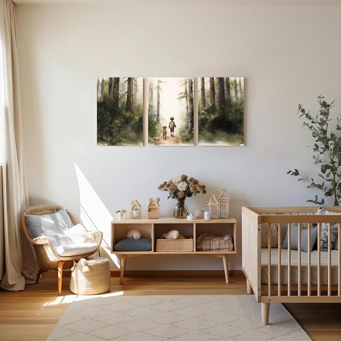 Boy and Dog Nursery Wall Art, Set of 3 Rustic Woodland Nursery Wall Decor, Little Boy and Puppy in the Forest Adventure Kid Wall Art Print, Outdoor Landscape Toddler Room Decor for Boys, Framed 16"x24"x3