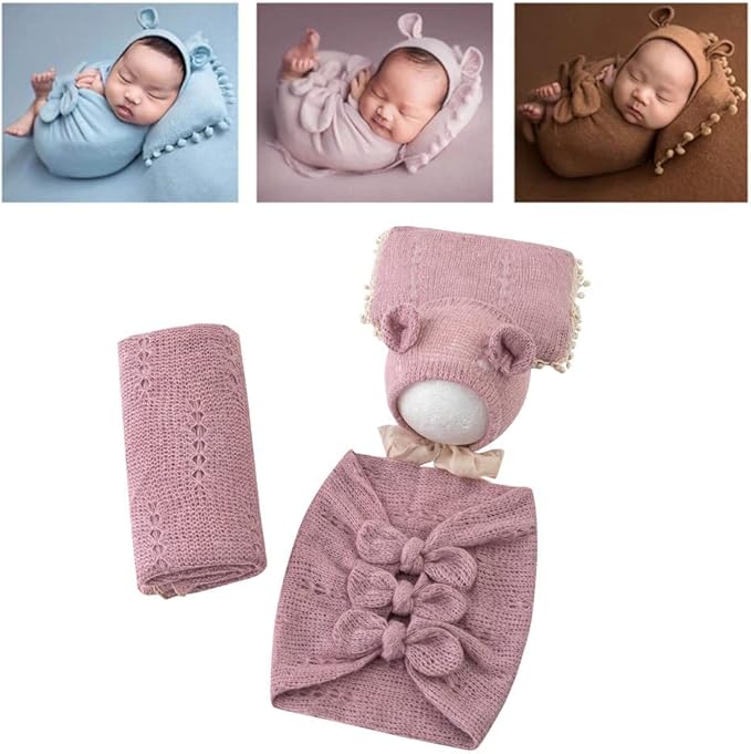 Vemonllas Newborn Baby Boy Girl Photography Props Bow Wrap, Posing Aid, Hat and Blanket Set of 4 Pcs