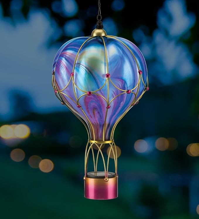 Regal Art & Gift Hot Air Balloon Solar Lantern – Hanging Solar-Powered LED Lights, Waterproof Portable Decorative Outdoor Lamp Made of Metal & Glass for Garden, Patios & Pathway – Purple(Large)