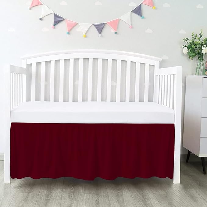 100% Egyptian Cotton, Nursery Crib Toddler (28" x 52" + 16") 800 Thread Count Crib Skirt Dust Ruffle, Bedding Skirts for Baby Boys or Girls, 16" Drop, Burgundy Solid