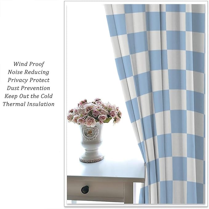 Blue Checkered Curtains,70s Vintage Twisted Checkered Window Drapes Colorful Groovy Trendy Wavy Hippie Grid Print Window Treatments for Kids Girls Bedroom Living Room 42" W X 54" L