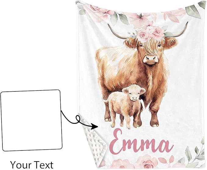 Custom Name Crib Bedding Set 3-Piece – Pink Highland Cow Design Baby Bedding Set with Personalized Soft Blanket, Fitted Sheet, Changing Pad Cover – Ideal Newborn Gift for Boys and Girls
