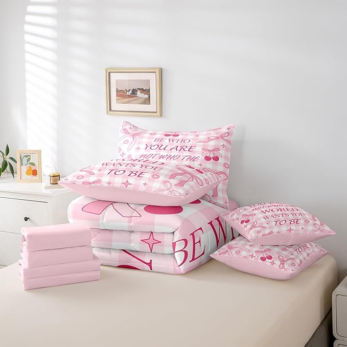 7 Pieces Pink Bowknot Kids Comforter Set King,Cherry Star Daisy Flowers Princess Bedding Set,Bow Tie Geometric Plaids Cute Dreamy（Comforter+Fitted+Flat Sheet+2 Pillowcases+2 Throw Pillow Covers）