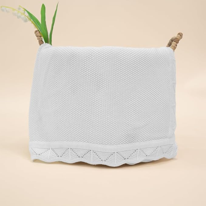Baby Knit Blanket Soft Breathable Cotton Scallop Border Blankets Newborn Knitted Blanket Swaddle Blankets Gifts for Baby Newborn Toddler Shower Boy Girl New Mom Birthday Christmas White 28x36