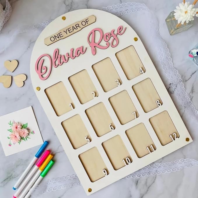 Personalized First Year Frame | Baby 1st Photo Frame, Custom Wooden Photo Display Board, My First Year Board for Birthday Photo Board and Decorations
