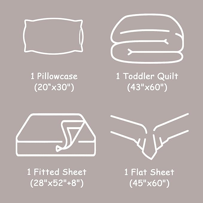 FLXXIE 4 Pieces Toddler Bedding Set, Soft and Breathable Microfiber Crib Sheet Set, Includes Quilted Comforter, Flat Top Sheet, Fitted Sheet, Envelope Pillow Case for Boys and Girls, Coffee