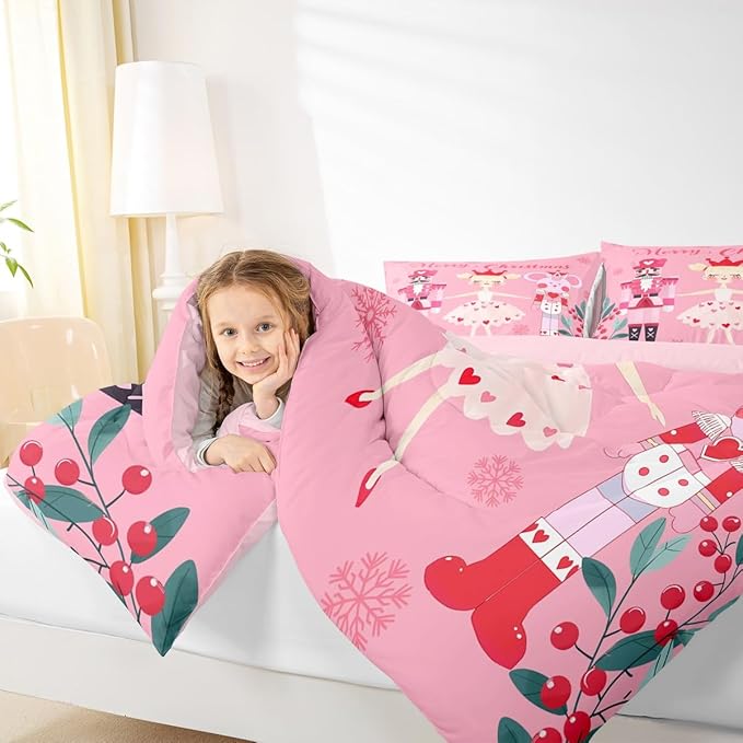 Feelyou Pink Christmas Comforter Set All Season Nutcracker Bedding Set with 2 Pillow Cases Mouse King Microfiber Kids Queen Bedclothes Royal Guarder Ballet Princess Bedroom Decor Duvet Quilt Soft
