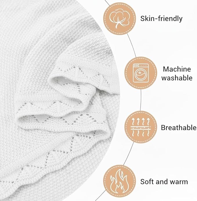 Baby Knit Blanket Soft Breathable Cotton Scallop Border Blankets Newborn Knitted Blanket Swaddle Blankets Gifts for Baby Newborn Toddler Shower Boy Girl New Mom Birthday Christmas White 30x30