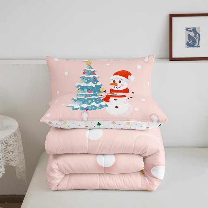 Castle Fairy Cartoon Christmas Comforter Set King Size,Xmas Cute Snowman Pine Trees Bedding Set All Season Quilt Set,Pink Cream Candy Girly Funny Microfiber Polyester Down Comforter
