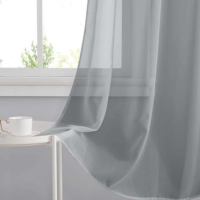 RYB HOME Light Filtering Curtains 96 Inches Long, Grommet Top Voile Airy Light Filtering Drapes, Sheer Window Treatments Curtains for Living Room Kitchen Bedroom, Gray, 54" W x 96" L, 4 Pieces