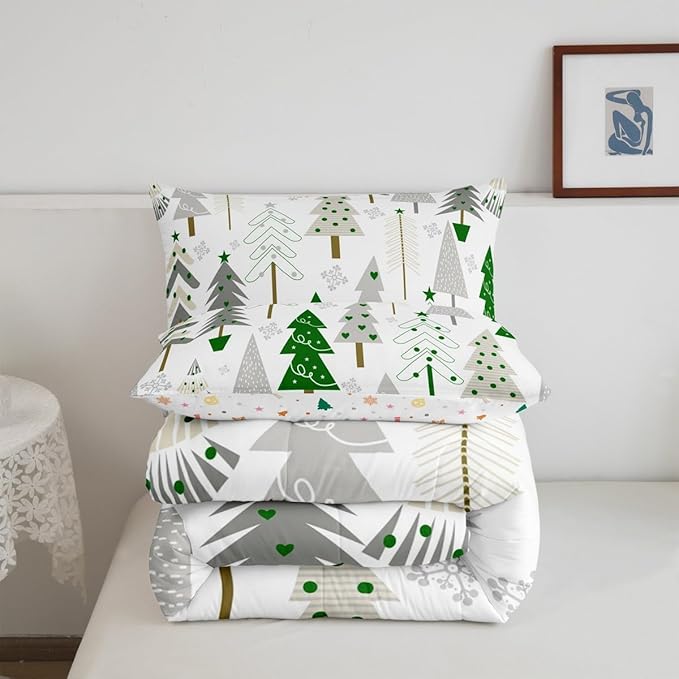 Castle Fairy Xmas Trees Full Size Comforter Set,Merry Christmas Pine Hand Drawn Bedding Comforters Bedroom Collection,Green Plant Snowflakes Winter Bedding Set for Girls Teens