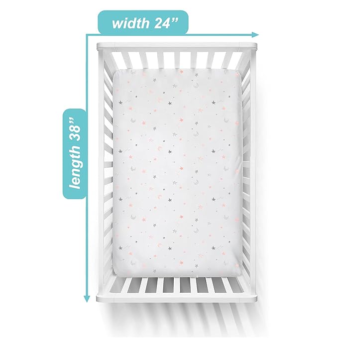 American Baby Company 2 Pack 100% Natural Cotton Fitted Mini Crib Sheets 38" x 24" - Soft & Breathable Small Nesting Portable Sheets, Fits Pack N Play Mattresses, Pink Stars/Zigzag, for Boys & Girls