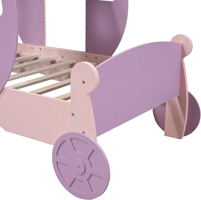 Cute Twin size Princess Carriage Bed with Crown and Stair, Solid Wood Car Bed Frame with 2 Doors, Headboard and Footboard, Safety Wood Slats for Kids Boys Girls Teens Adults (Purple+Pink-s18)
