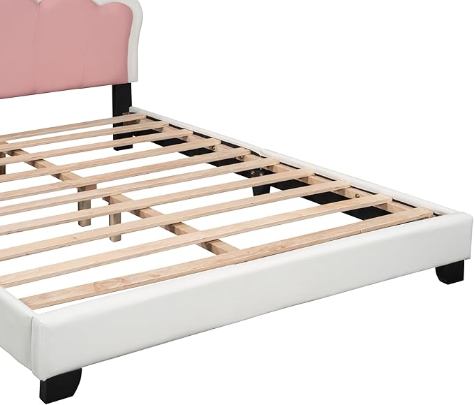 CITYLIGHT Full Size Pink Cute Bed, PU Upholstered Girl's Platform Bed Frame with Crown Headboard, Full Bed Frame for Kids and Teens, White+Pink