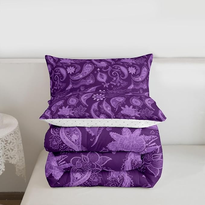 Feelyou Vintage Purple Floral Bedding Set King Size, Paisley Floral Comforter Set Boho Floral Comforter for Kids Toddler Paisley Duvet Set Microfiber Bed Set
